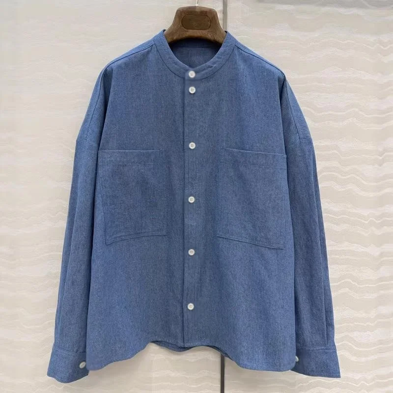 

Spring Lightweight Denim Open Cardigan with Pockets Loose Fit Fashionable Color Retro Style Women's Shirt for Early Spring