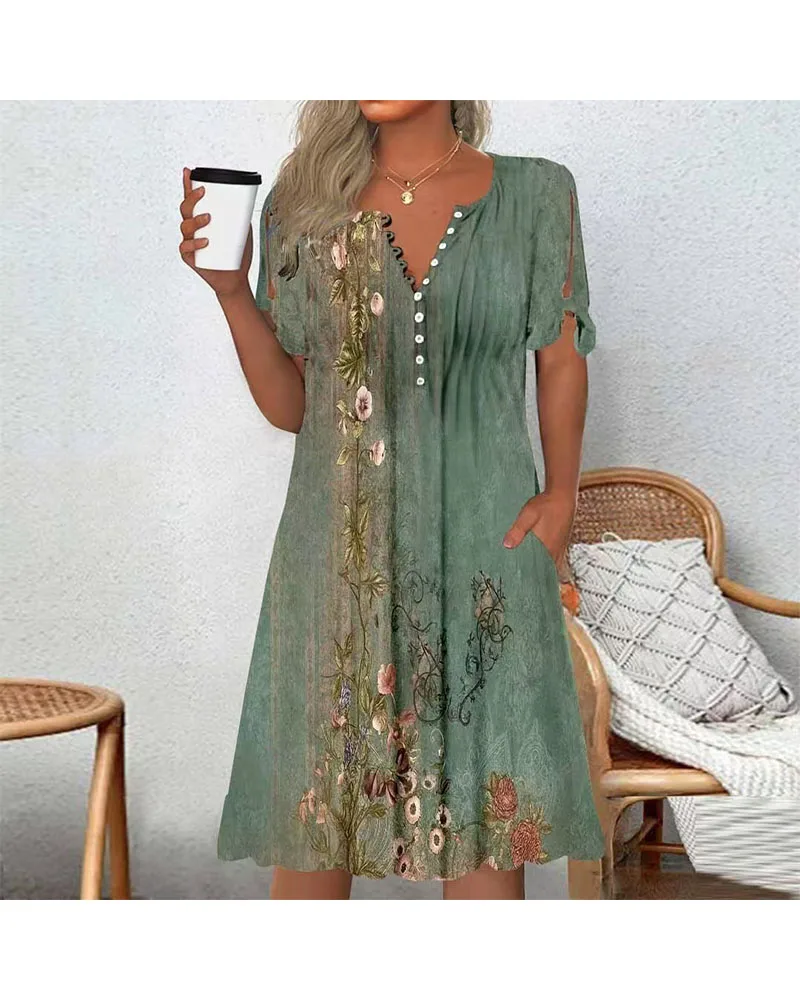 Hot selling cross-border urban women's casual digital square neck dress from Europe and America