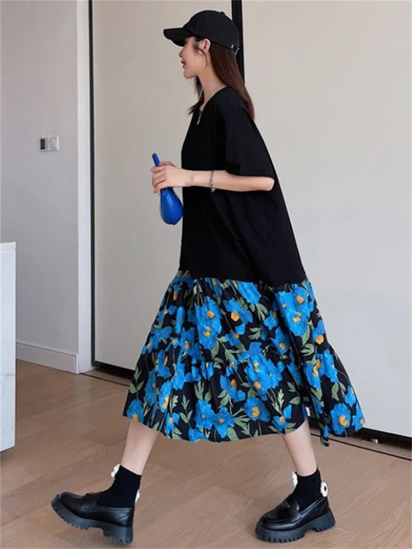 الربيع القطن خمر التنانير المطبوعة الأزرق منتصف العجل شارع العليا السيدات تنفس الكشكشة فضفاضة مرونة الخصر للإناث Vestidos #5