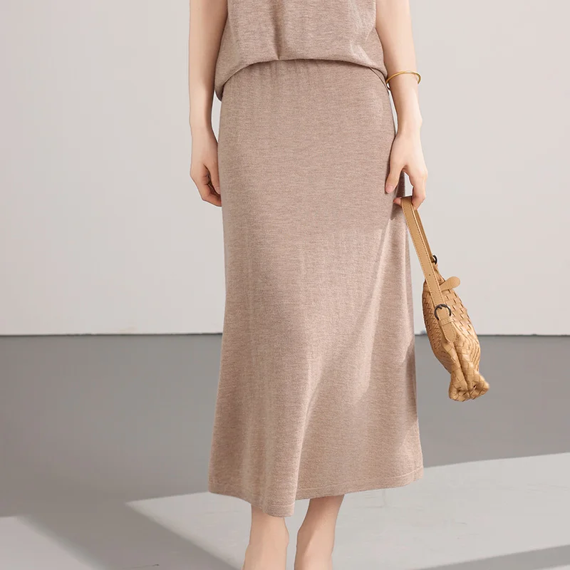 Summer 100% ultra-fine wool Yangzi yarn solid color elastic waist half skirt simple style versatile A-line version women's skirt