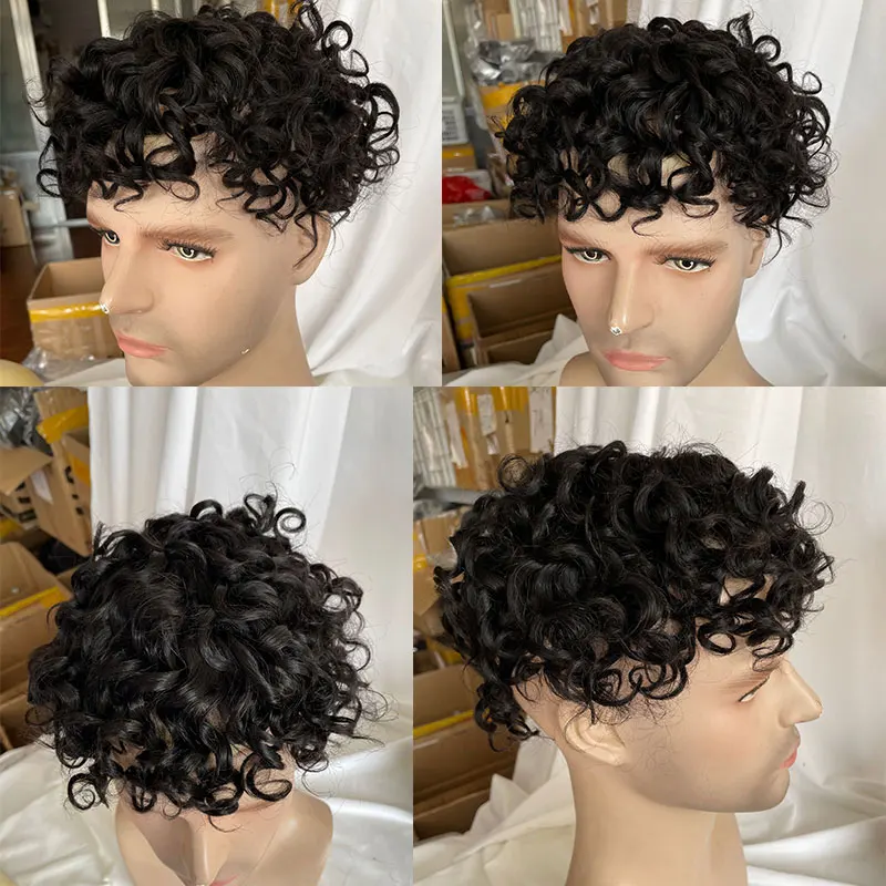 Hand Tied 25MM Curl Toupee for Men Human Hair Fine Mono Base Around NPU Breathable Hair Replacement System for Men Wigs Piece