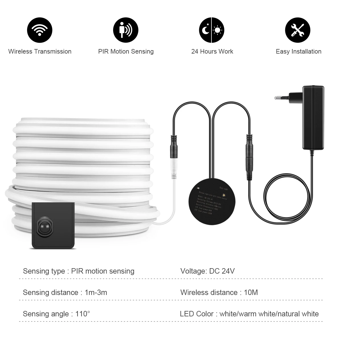 Smart Dual Sensors PIR Motion Sensor Switch DC 24V Solid Silicone Neon Light COB LED Strip Self-adhesive Room Stair Night Lamp