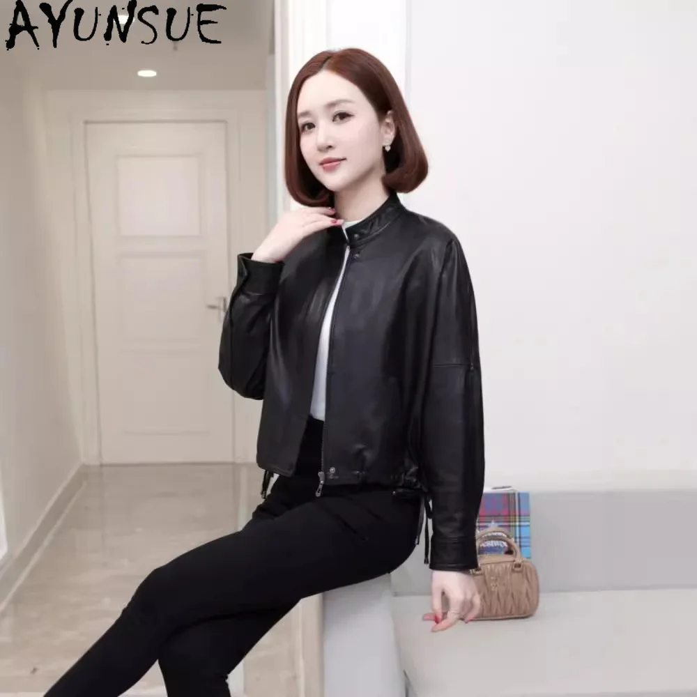 AYUNSUE 정품 가죽 자켓 여성 2025 검은 양피 야채 태닝 봄 가을 옷 Bat Sleeve Jaqueta Feminina