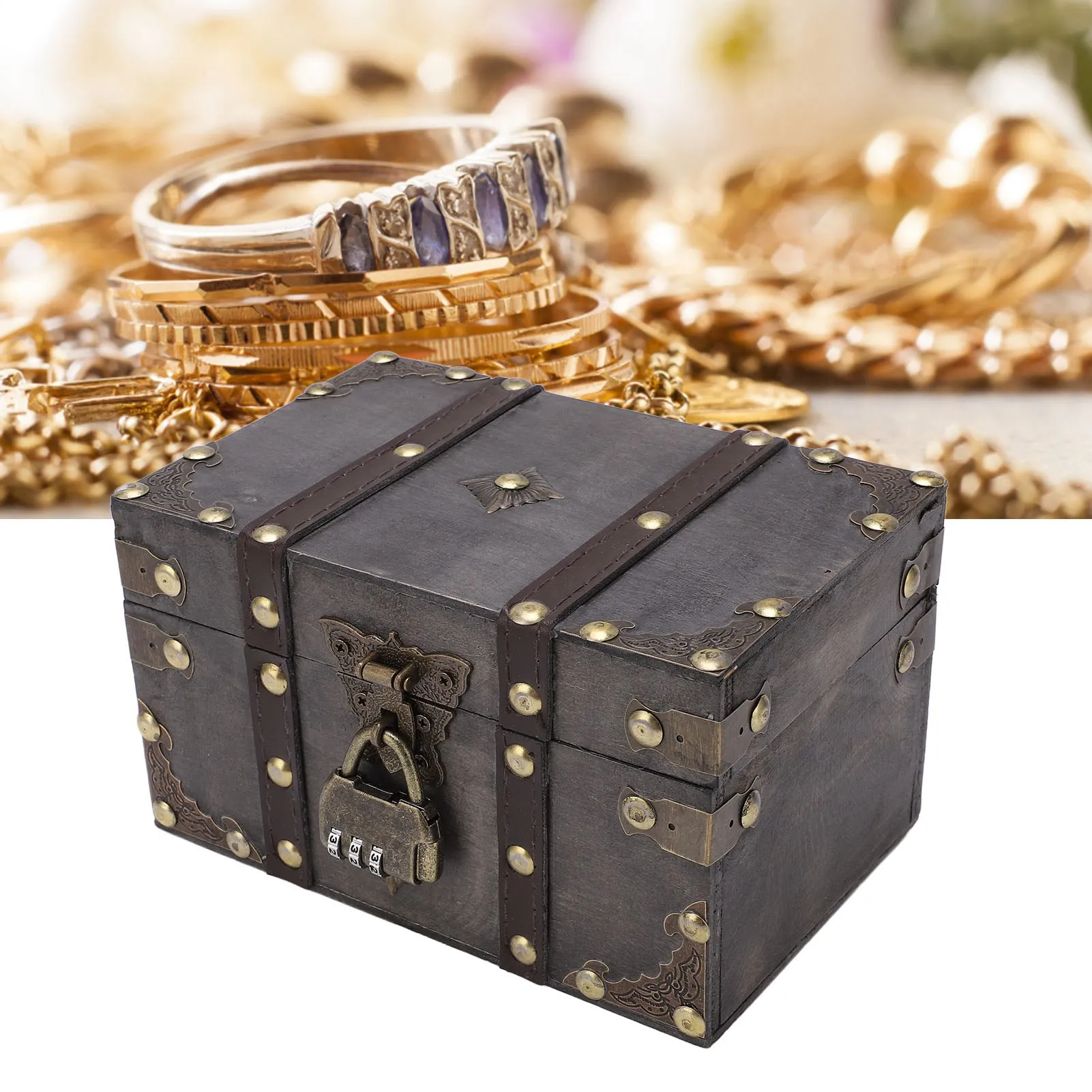 

D2 Wooden Organizer Box Treasure Chest Vintage Style Coded Lock Alloy Tipping Wood Wide Application Vintage Jewelry Storage Box