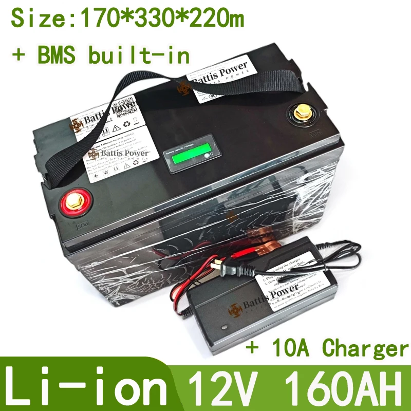 waterproof 12v 160ah lithium ion Rechargeable 12V li ion 18650 BMS 3S for Backup power solar energy storage EV + 10A Charger