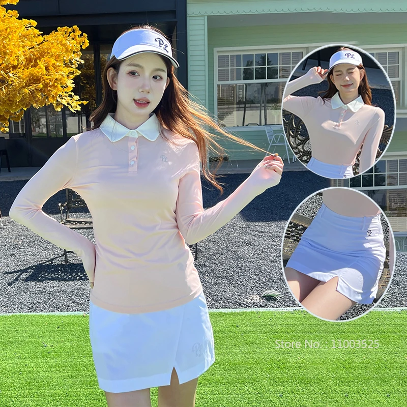 Ladies New Golf Wear Long Sleeve Lapel T-shirt Breathable Slim Sports Top Women Sunscreen Short Skort Split Golf Pencil Skirt