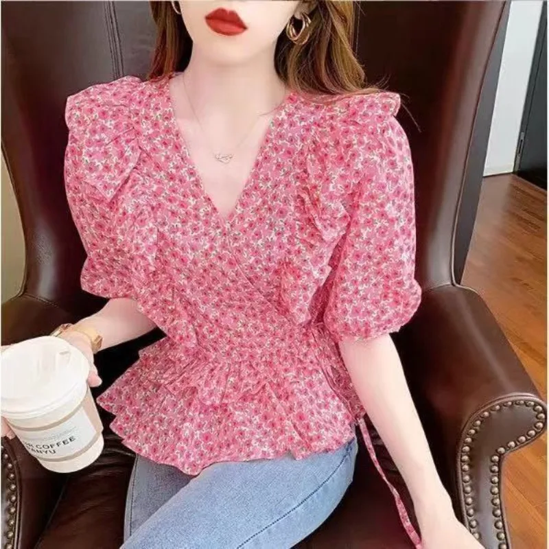 

2024 Summer New Fashion Commute Printed V-neck Blouses Slim Spliced Ruffles Bandage Pullover Short Sleeve Casual Women's Shirts