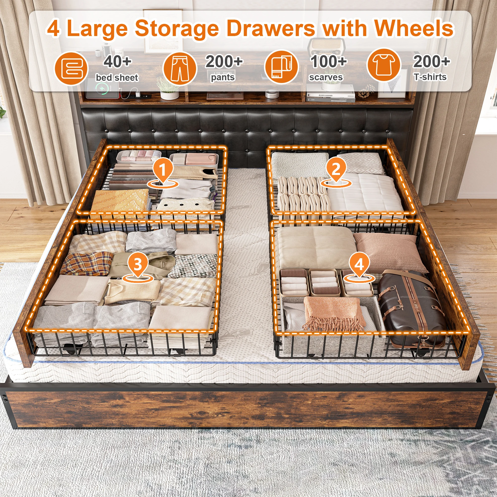 EnHomee Full/Queen/King Bed Frame with Charging Station and 4 Storage Drawers Platform Bed Frame with Upholstered Headboard No Noise