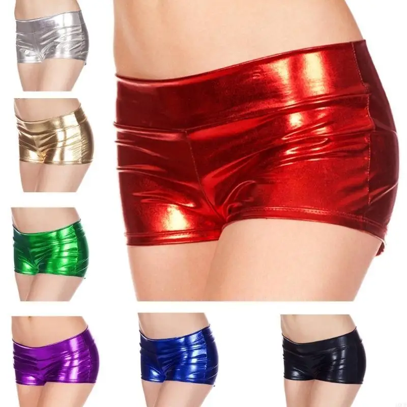 Women's Shining Metallic Booty Shorts Low Waist Rave Disco Dance Bottoms Faux Leather Hot Pants Dance Festival Costumes 