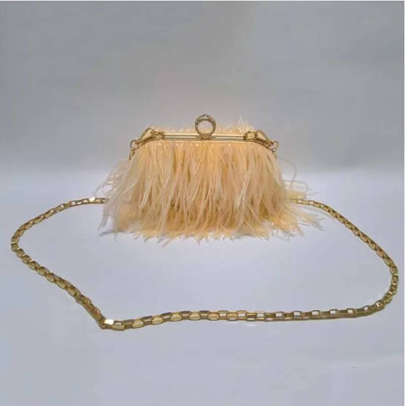 Real natural ostrich feather  handbag with gold  chain 2024 fashion chic furry romantic party concern dinner wedding