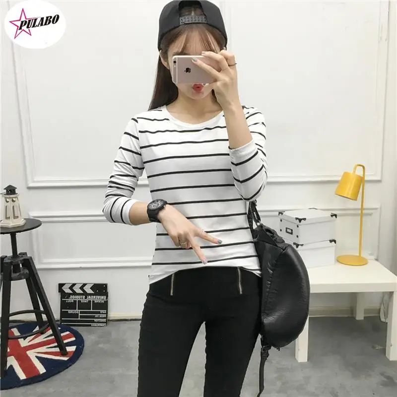 

PULABO Stripes Womens T-Shirt O Neck T Shirts Skinny Long Sleeve Clothes Women Slim Under Wear Tshirt Casual Top Tees For Female