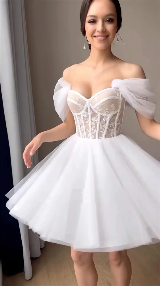 Vestido de novia sencillo con hombros descubiertos para mujer, vestido de novia con flores, línea A, satén liso puro, vestido de novia dividido blanco, nuevo