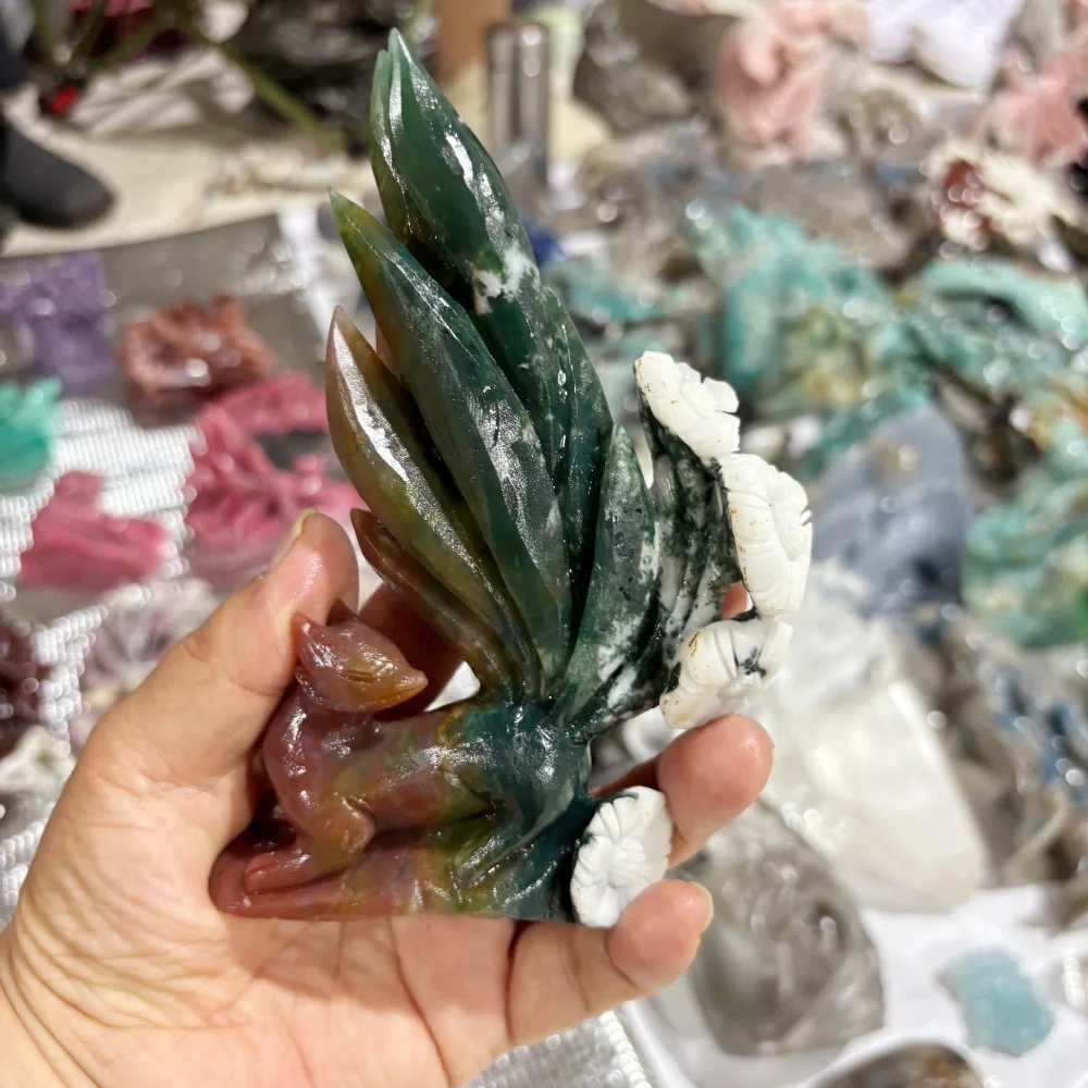 1PCS Natural Moss Agate Nine-tailed Fox Statue Carving Polished Reiki Healing Fengshui High-Quality Energy Room Decor Gift