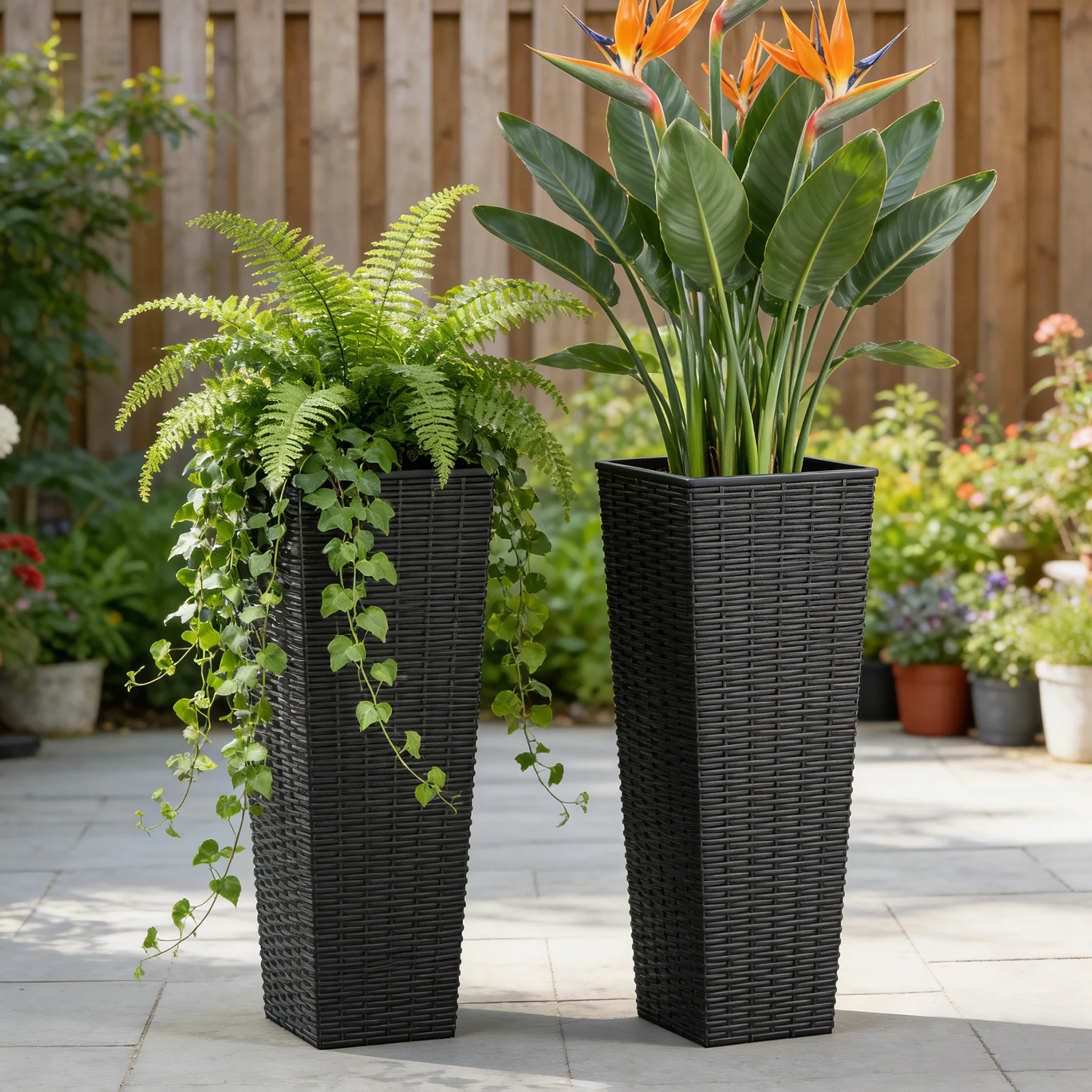 2pcs Resin Tall Plant Pots Large Tapered Flower Pots w Drainage Holes Removable Inner Pot Garden Patio Porch Backyard Rattan Pot