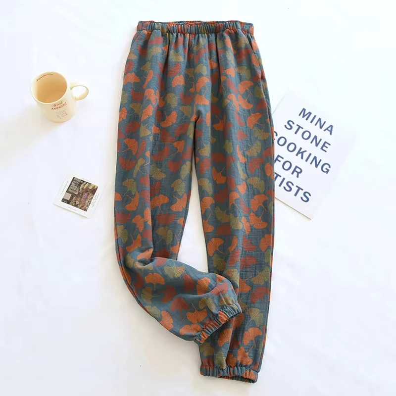 Women's Spring autumn Pajamas Set Comfortable Loose Crepe Pants with Large Leaf Print Thin Bottoms for Home Wear