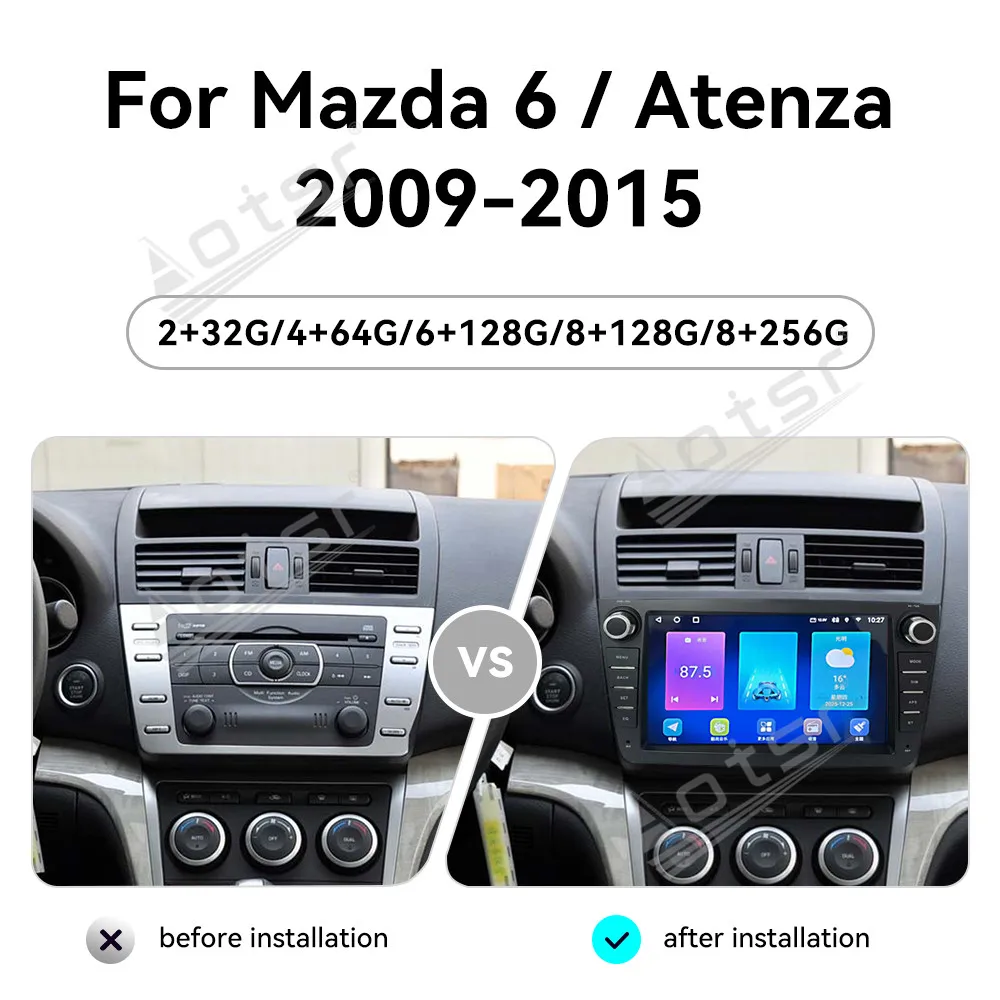 For Mazda 6/Atenza 2009-2015 9 Inch Android 13 CarPlay Car Radio Touch Screen Multimedia Player GPS Navigation Head Unit Upgrade