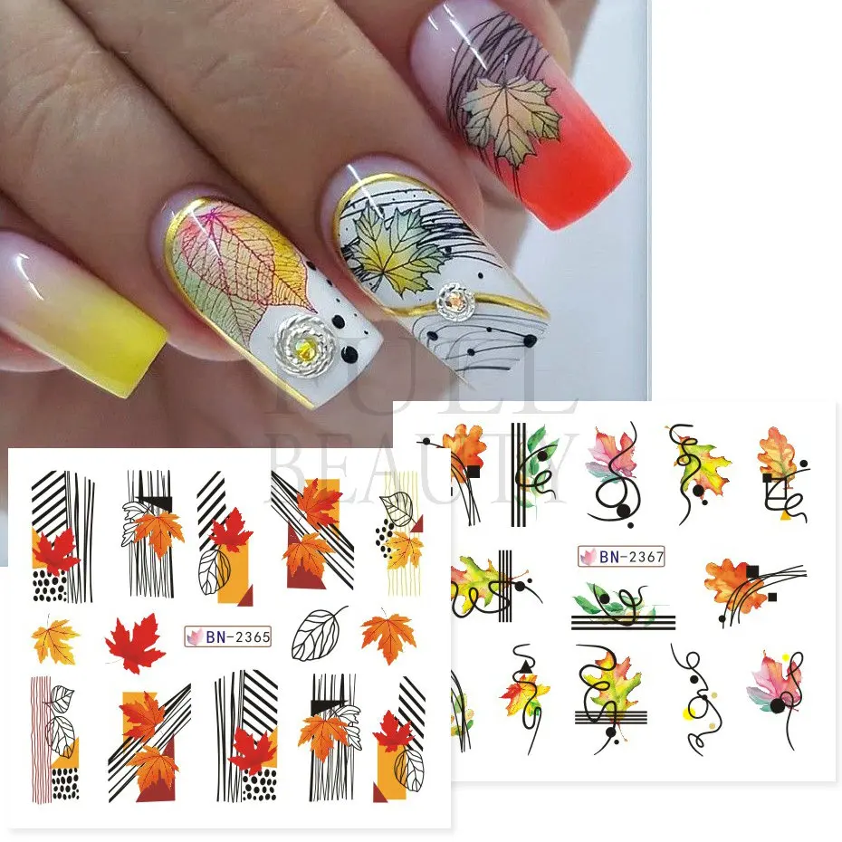 Autumn Fox Maples Nails Stickers Fall Season Leaves Cute Owls Hedgehog Water Decals Nail Charming Sliders Decoration BN2365-2376