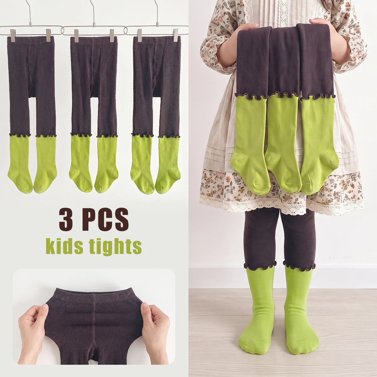 3 PCS Toddler Girls Colorblock Scalloped Tights High Elastic Soft Comfortable Moderate Thickness Children's Kids Leggings