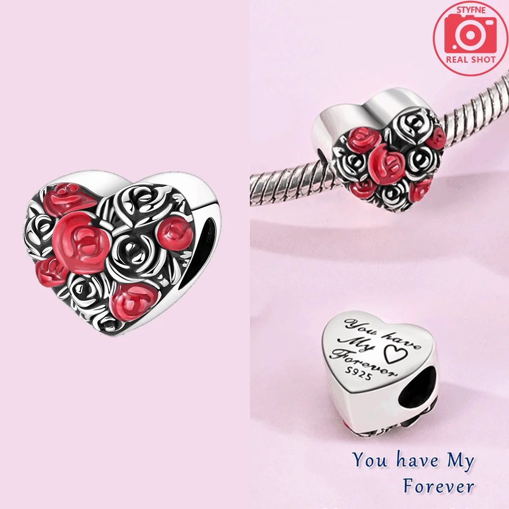 

Charms Plata 925 Heart Shaped Red Rose Beads Fit Original 925 Bracelets Charms for Women Jewelry Making Gifts