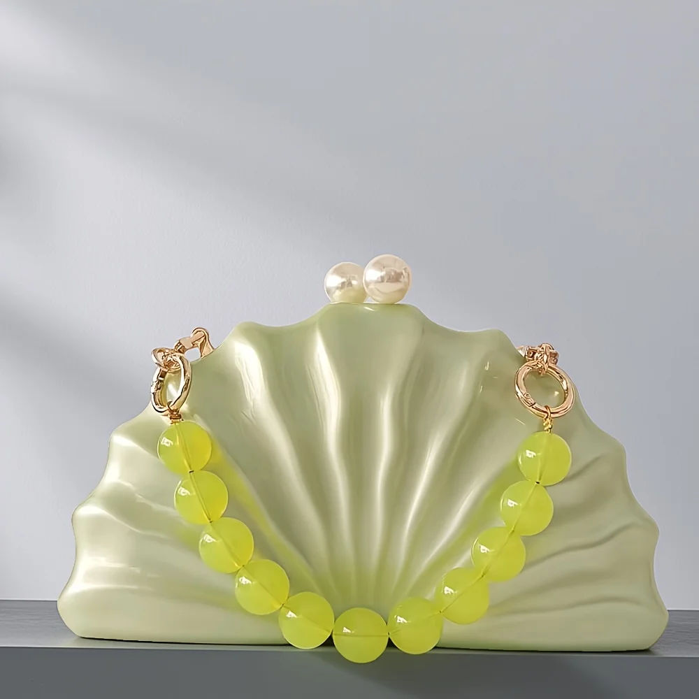 

Дизайнерский акриловый клатч Жемчужно-зеленая женская вечерняя сумочка с ручкой из бисера и цепочкой на плечо с ракушками