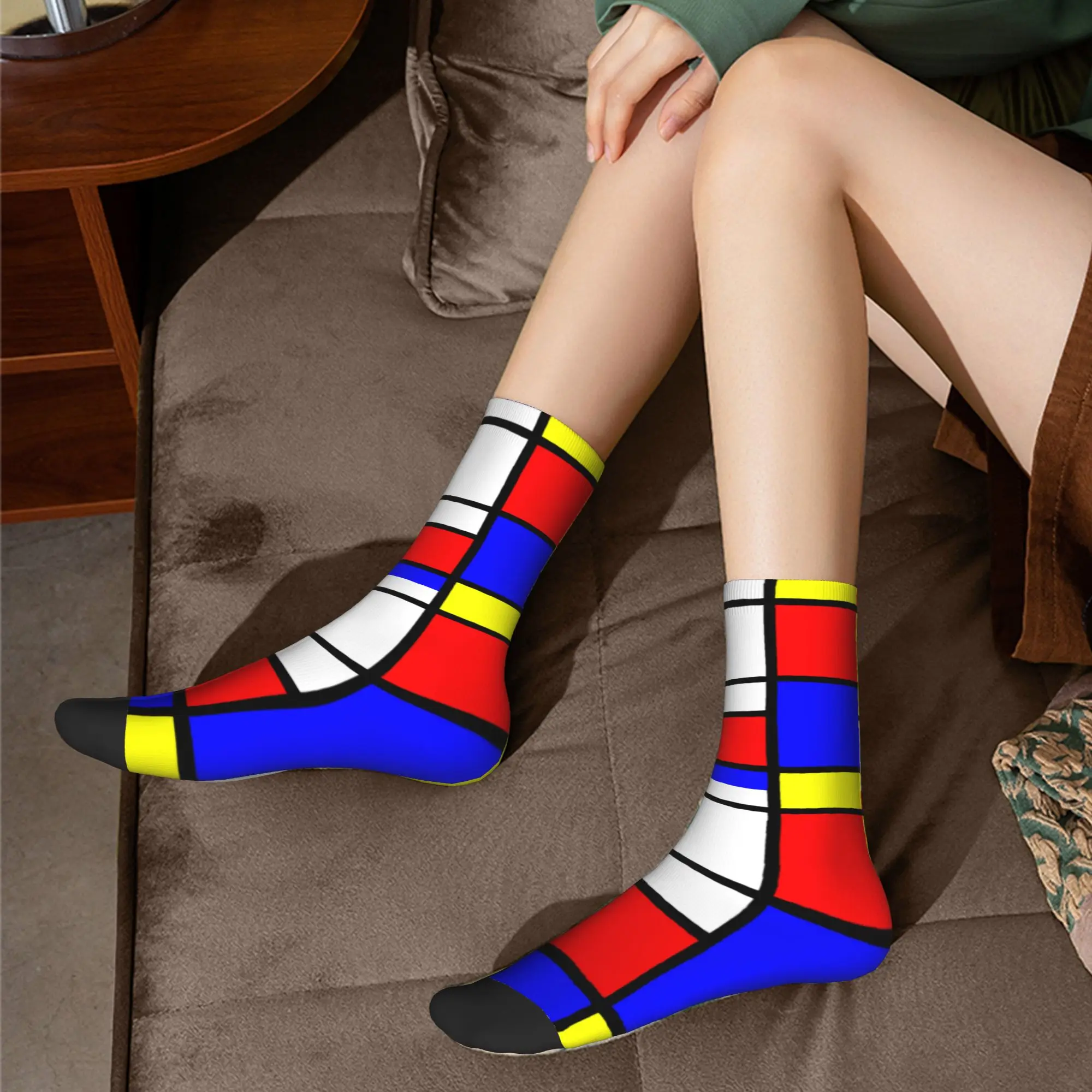 Custom Geometric Modern Mondrian Dress Socks for Men Women Warm Fashion Color Art Plaid Crew Socks view 6