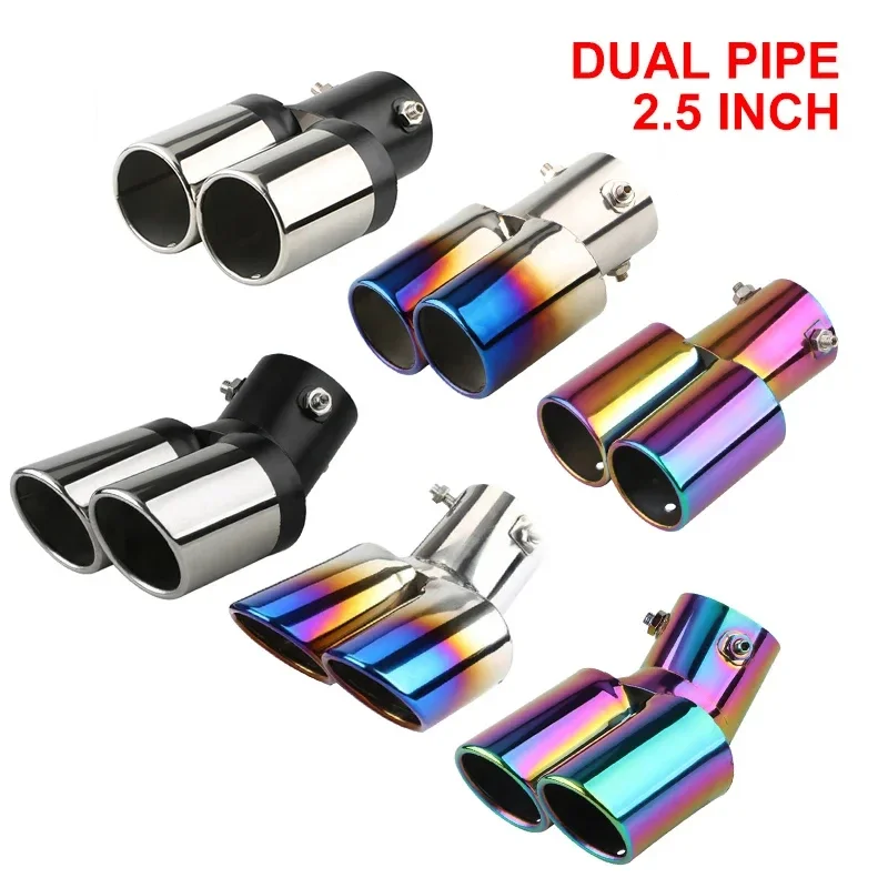 Stainless Steel Curved Double Outlet Car Exhaust Trim Muffler Pipe Tail 1PCS 2.5" Inlet Decoration Chrome Tail Pipe Car Styling view 3