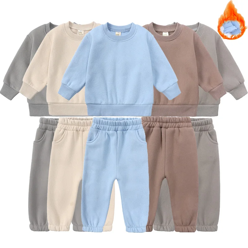 2025 New Arrivals Little Girls Clothing Tracksuit 2 Pieces Set Warm Fleece Plain Top Sweatshirt+Pants Loungewear Suit For Kids