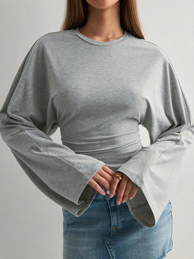 ลําลองแขนยาวผอมเสื้อยืดชุดผู้หญิงฤดูร้อน Y2K Streetwear เสื้อ O คอแฟชั่น Crop Tee เสื้อ Femme