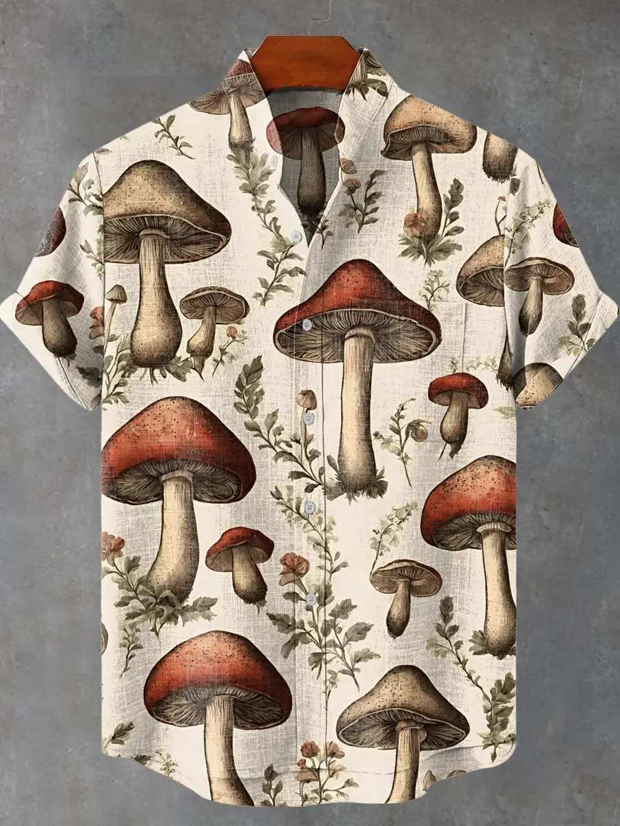 

Fashionable 3D printed mushroom pattern design for men's casual linen stand up collar, comfortable front pocket, plus size short