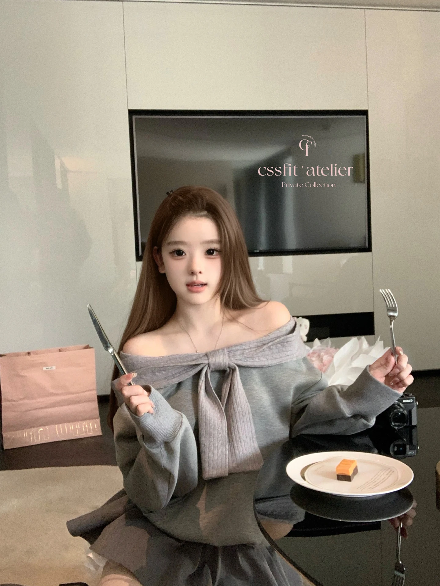 

oulder Bared Hoodie And Skirt Set with Knot by Chi um 26ss White Lover Thetis Two Colors Faionable ...