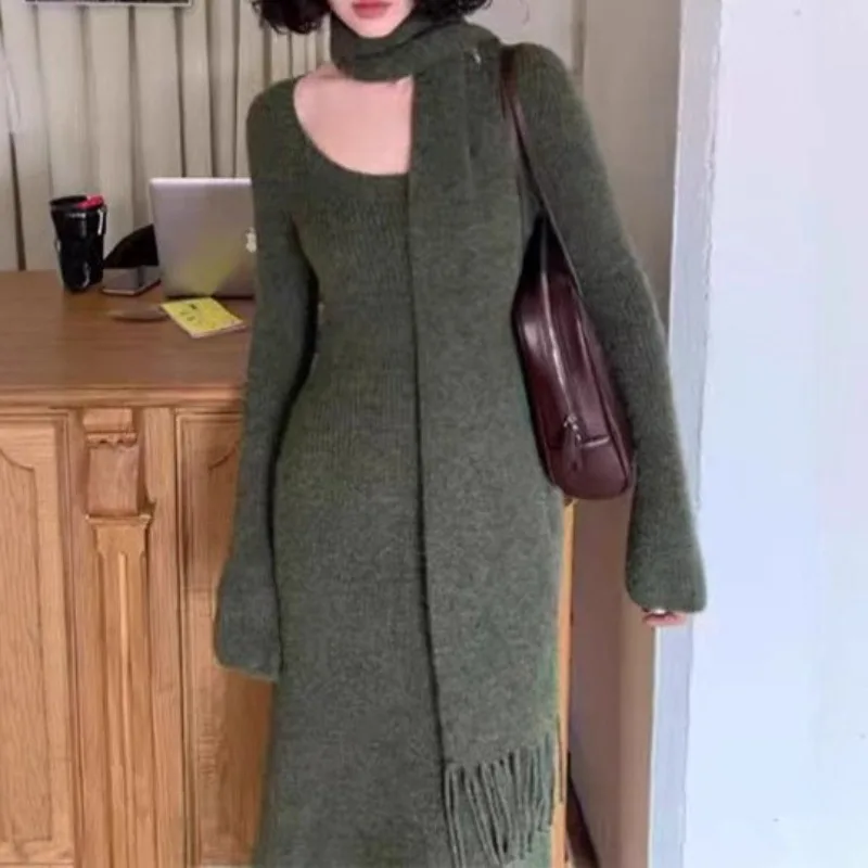 

Vintage Knitted Midi Dress Autumn Slim with Scarf Elegant Dress Female Korean Streetwear Chic Female Vestidos Y2k Платье Женское