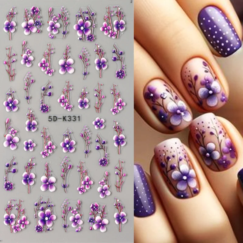5D tłoczony kwiat motyl naklejki na paznokcie kolorowe kwiatowe płatki projekt naklejki do paznokci akrylowy samoprzylepny suwak wystrój
