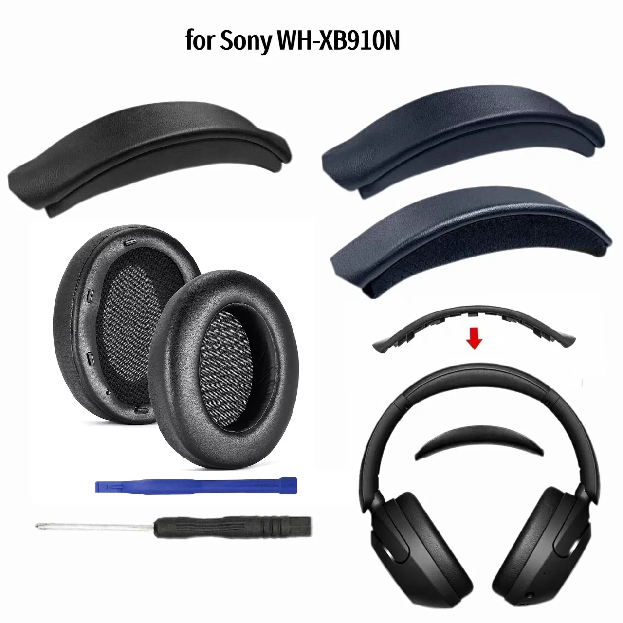 KUTOU Easy Install Snap On Headband & Earpads for Sony WH-XB910N Headphone Leather &High-Density Memory  Replacemet Headband