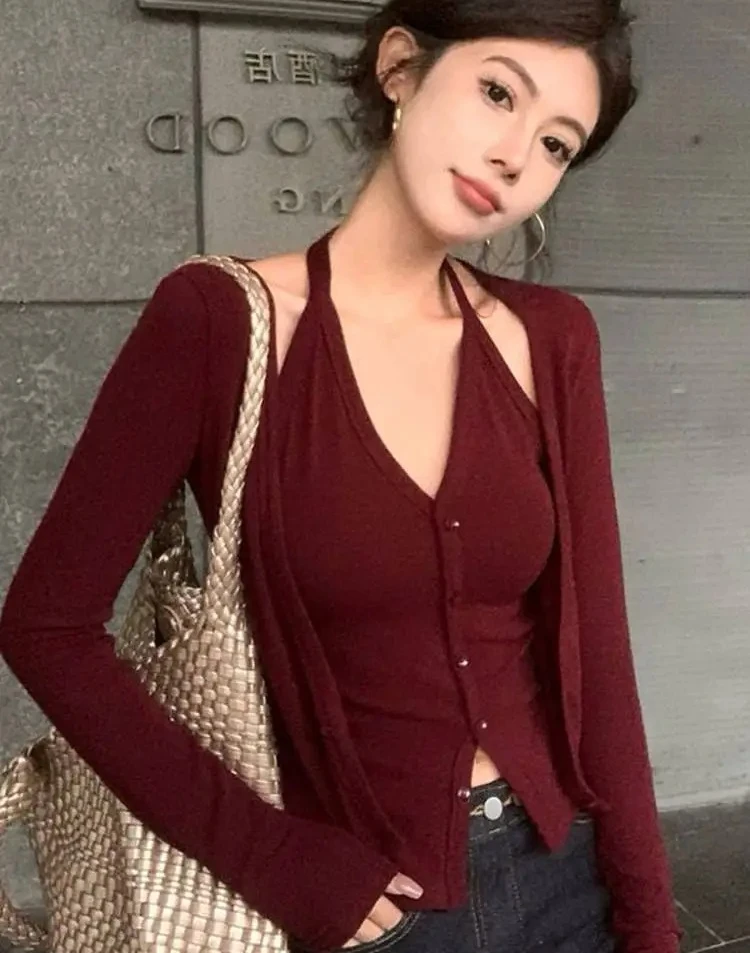 

Slim Fit Long Base irt Women's Autumn Winter New Sle Hanging Design Irregular Open Cardigan Small Top