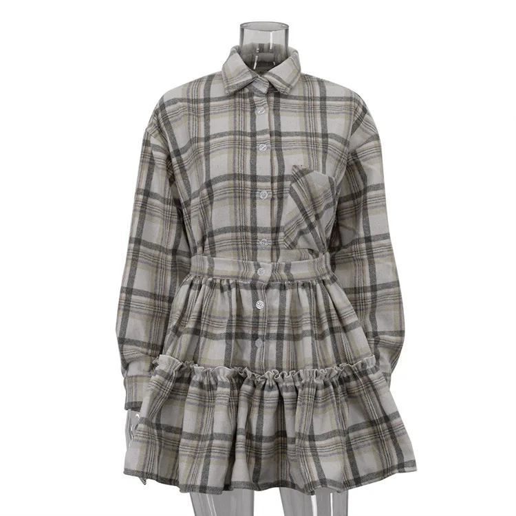 2025 Fashion Loose Retro Plaid 2 Piece Sets Women Outfit Elegant Long Sleeve Shirts High Waist Mini Skirt Set Female Outfits
