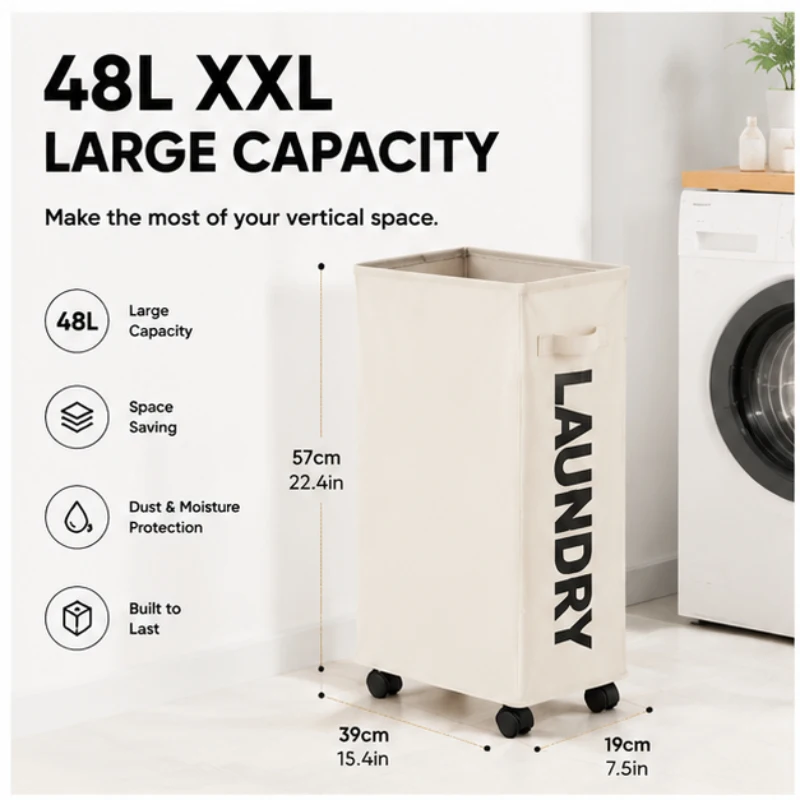 Large Foldable Waterproof Laundry Basket with Wheels, Multifunctional Storage Bin for Bathroom, Dorm & Laundry Room view 3