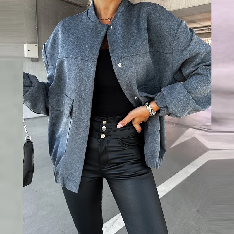 

2023 Lady Casual Pocket Solid Outerwear Women Fashion Stand Single Breasted Jacket Fall Winter New Elegant Warm Long Sleeve Coat