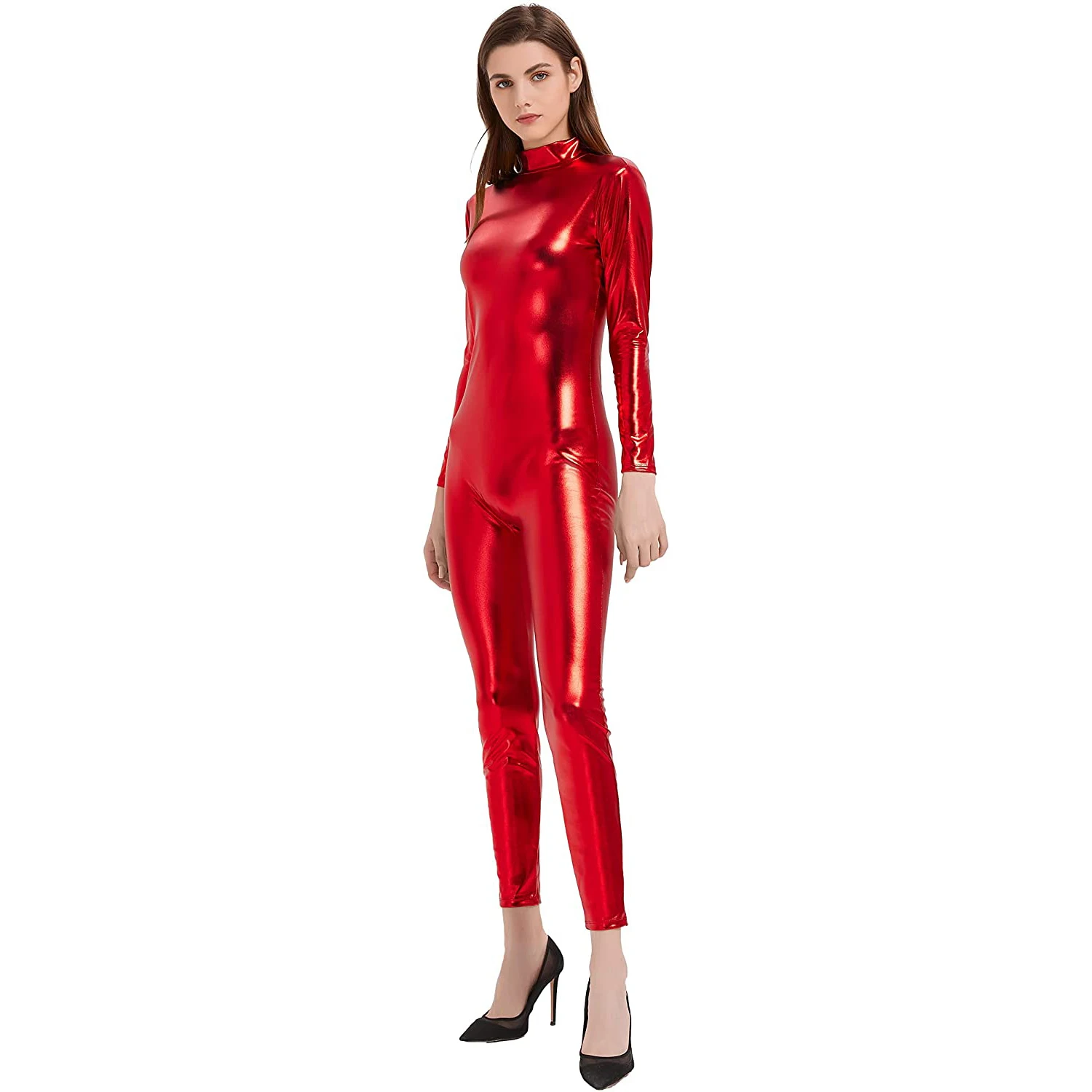 Speerise Women Shiny Metallic Jumpsuit Long Sleeve Catsuit Bodysuit Tights Full Body Unitard Custom Skin Bodysuits  Zipper Back