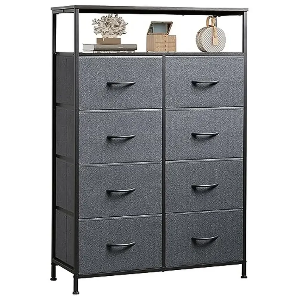 

Fabric Dresser Storage Tower with 8 Drawers and Open Shelves Wood Top Sturdy Chest of Drawers