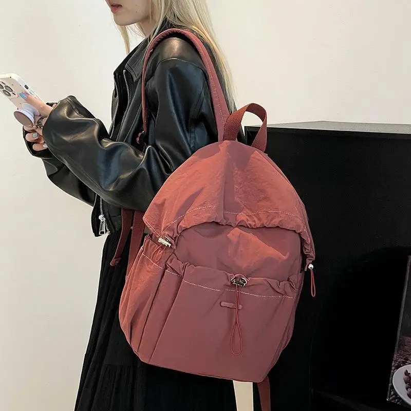 

AS857 2025 new women's solid color pleated nylon backpack light commuter large capacity backpack