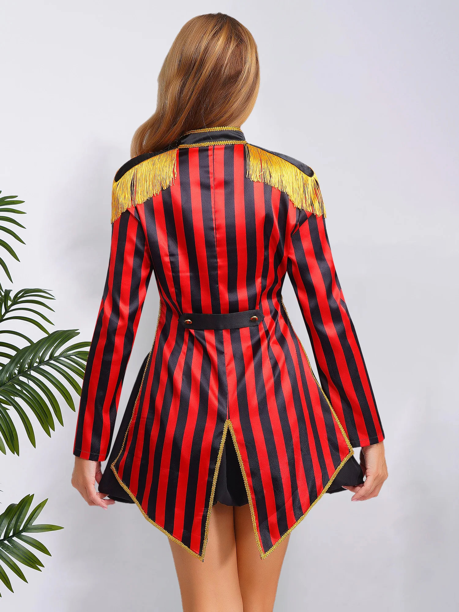 سترة نسائية مخططة من السيرك Ringmaster بأكمام طويلة معطف خلفي بشراشيب للهالوين وأعياد الميلاد والطبال أزياء الساحر الكبرى