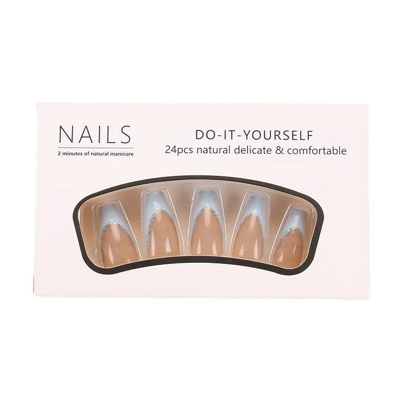 

24 pieces of finished nail products, removable French manicure patches, blue edge glitter contrasting false nail pieces
