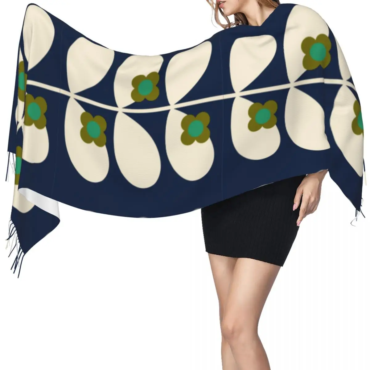 Custom Print Wild Rose Stem Navy Orla Kiely Tassel Scarf Women Winter Warm Shawls Wraps Ladies Fashion Versatile Female Scarves