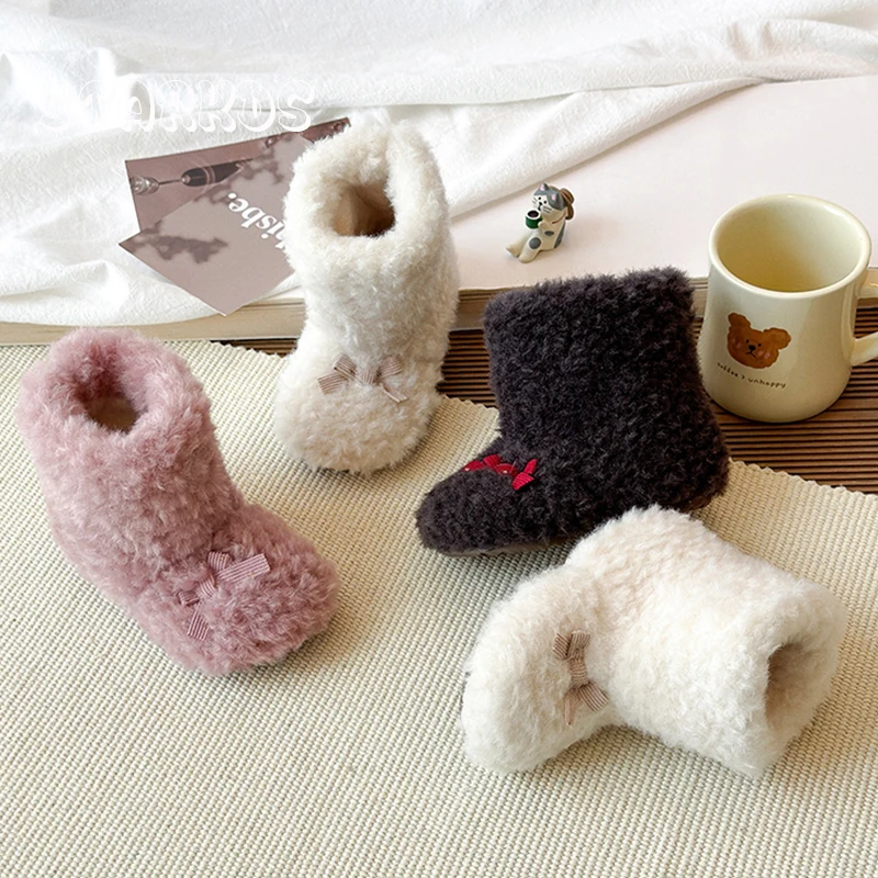 

Розовые ботинки на меху Тедди для маленьких девочек, зимние толстые плюшевые ботильоны без шнуровки для малышей, теплая пушистая хлопковая обувь с круглым носком и бантом