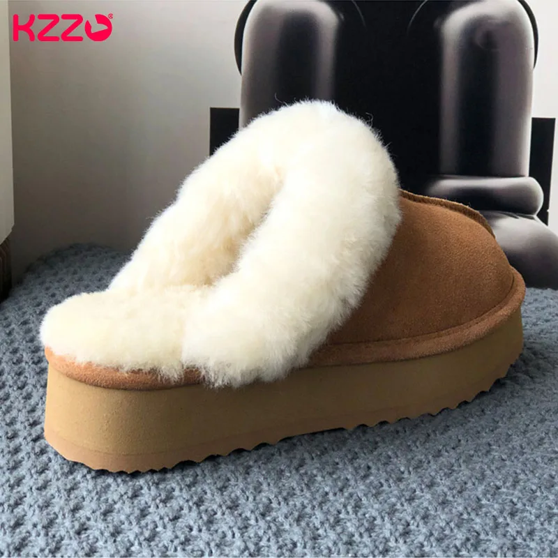 KZZO New Fashion Winter Sheepskin Fur Home Women's Thick Sole Slippers Casual Indoor Soft Wool Slippers Lady Warm Home Shoes