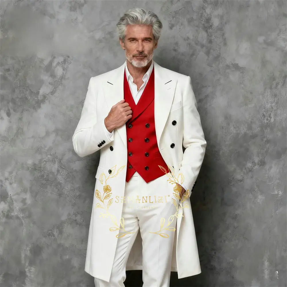 

Ivory Suits Men 3 Pieces Sets Double Breasted Groom Long Blazer Pant Red Vest Costume Homme Wedding Tuxedos Male Clothing