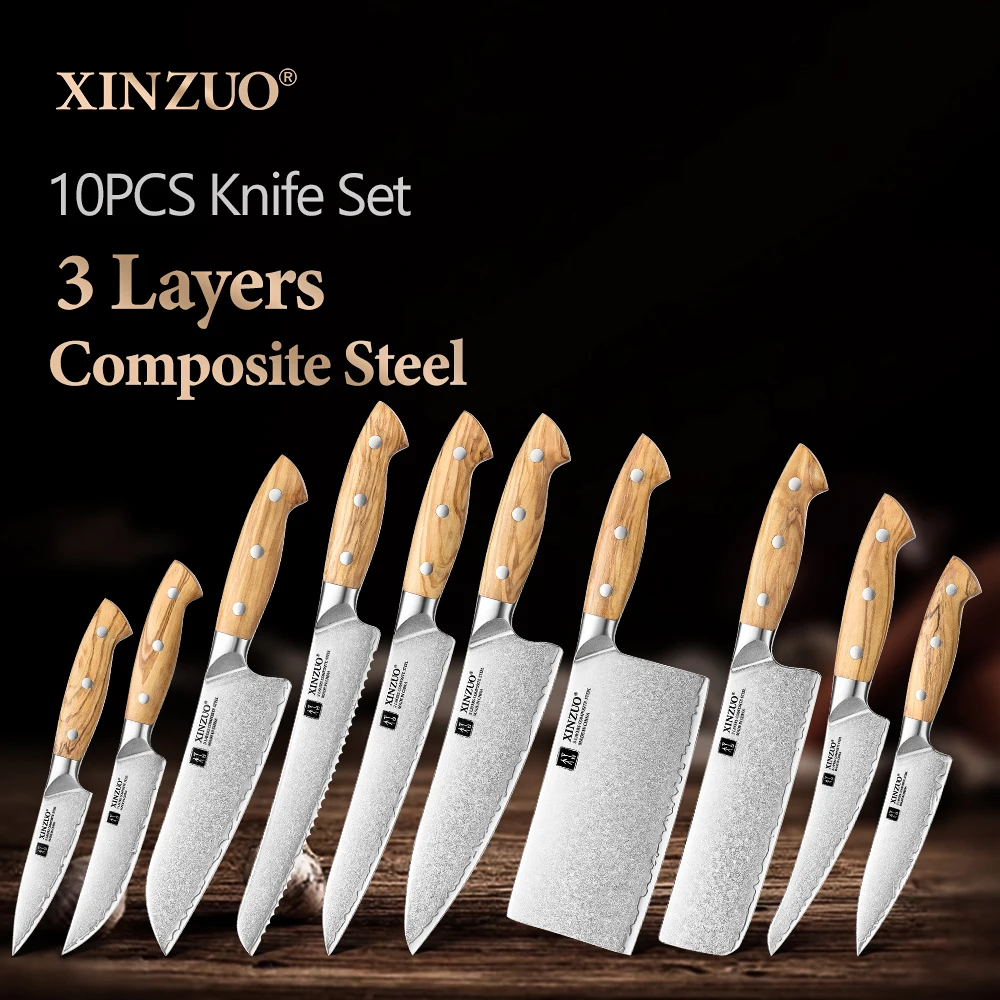 

XINZUO, набор ножей из 1-10 предметов, универсальные ножи Santoku Nakiri Chef, ножи для стейка и хлеба, 10Cr15CoMoV, основная оливковая древесина, нержавеющая заклепка