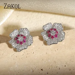 ZAKOL Cute Flower Stud Earrings For Women Shiny Cubic Zirconia Aesthetic Ear Accessories Bright Red Earring Fahion Jewelry