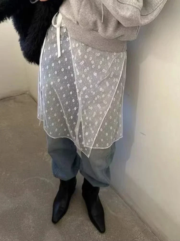 

Уличная одежда, кружевные юбки с цветочной вышивкой, женские прозрачные эстетические юбки Y2k, бандажная юбка в стиле Харадзюку, летняя милая базовая юбка Faldas