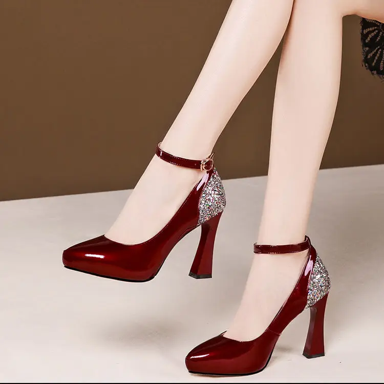 Women Cute colorful Stylish Round Toe Black Pu Leather Square Heel Pumps Lady Casual Wine Red Comfort Fashion High-heeled shoes